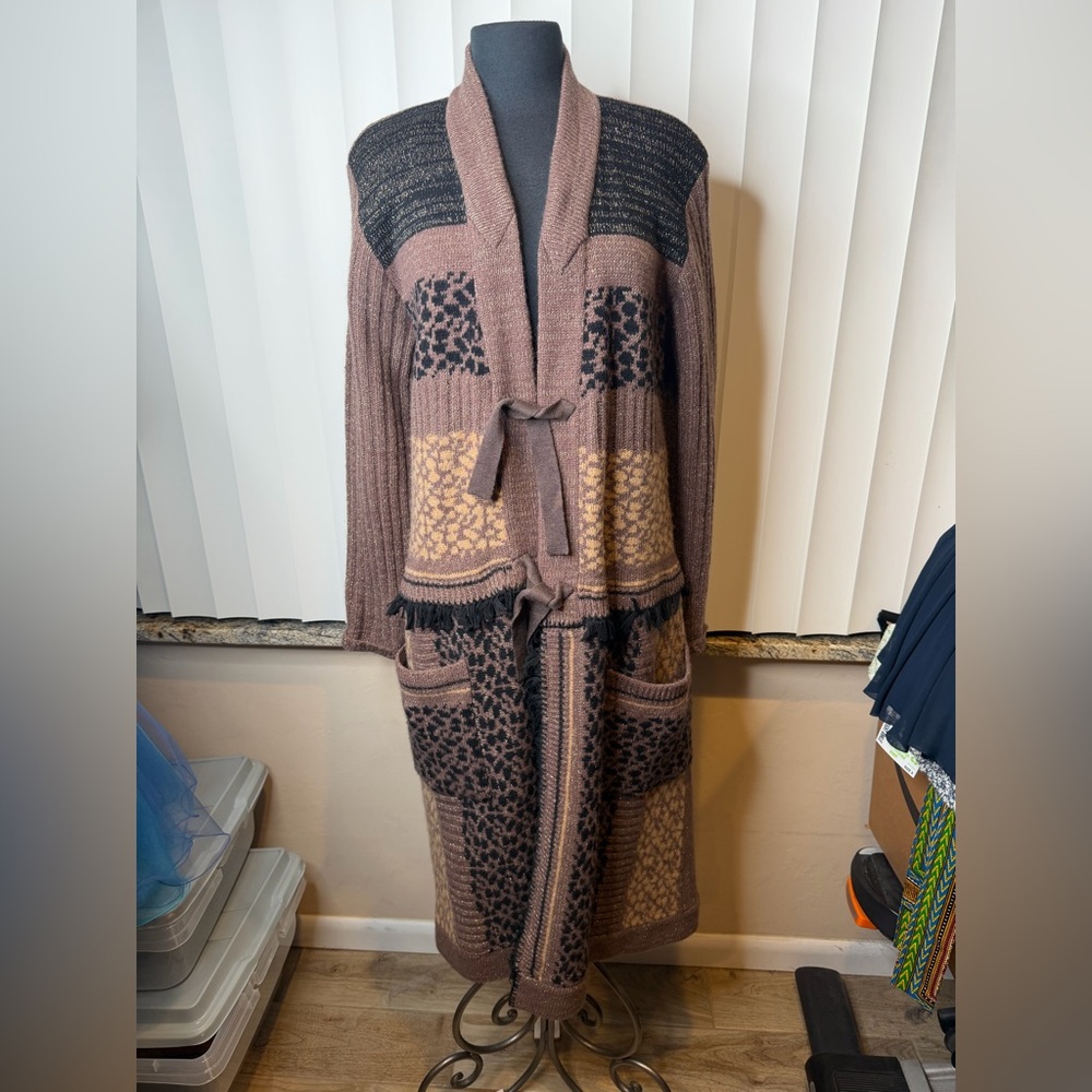 Carole Little Brown Beige Gold 90% Wool Knitwear Long Cardigan Sweater SZ Large